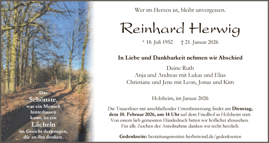 Traueranzeige von Reinhard Herwig von HZ