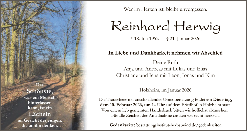  Traueranzeige für Reinhard Herwig vom 31.01.2026 aus HZ