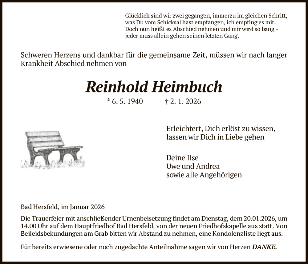  Traueranzeige für Reinhold Heimbuch vom 17.01.2026 aus HZ