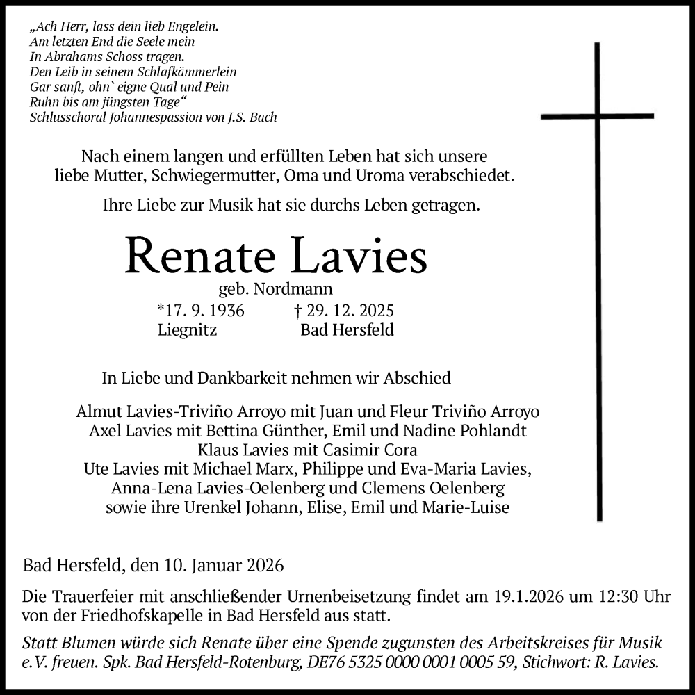  Traueranzeige für Renate Lavies vom 10.01.2026 aus HZ