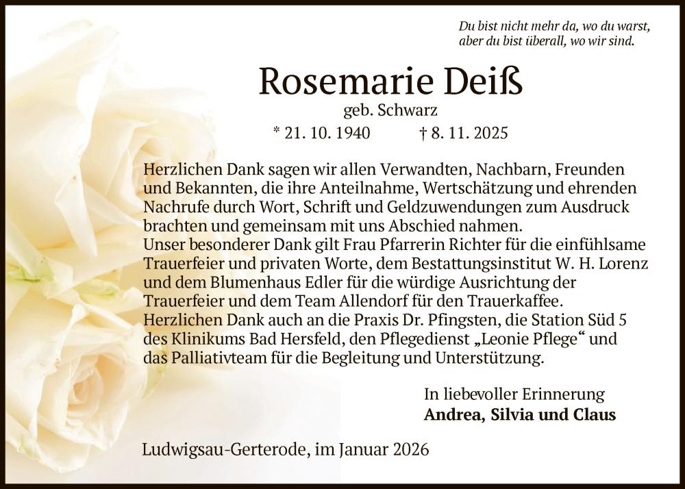  Traueranzeige für Rosemarie Deiß vom 03.01.2026 aus HZ