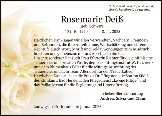 Traueranzeige von Rosemarie Deiß von HZ