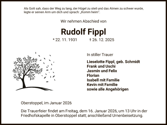 Traueranzeige von Rudolf Fippl von HZHN