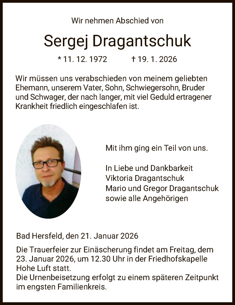  Traueranzeige für Sergej Dragantschuk vom 21.01.2026 aus HZ