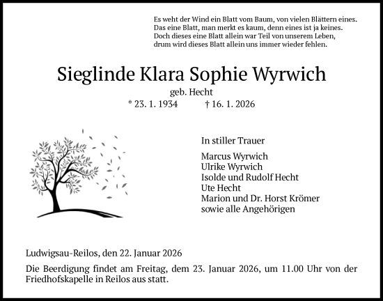 Traueranzeige von Sieglinde Klara Sophie Wyrwich von HZ