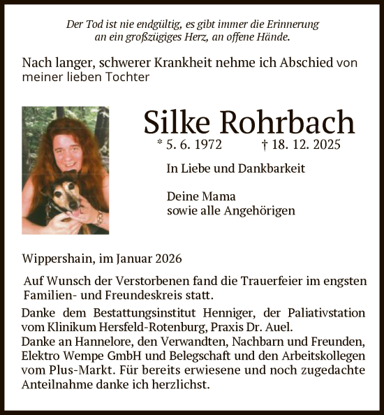 Traueranzeige von Silke Rohrbach von HZ