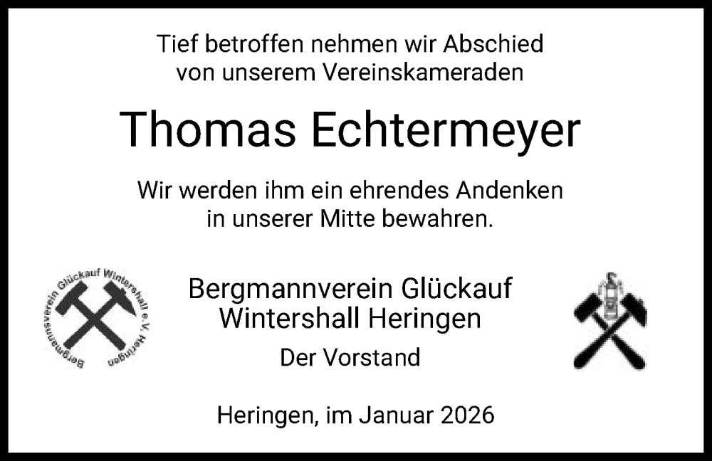  Traueranzeige für Thomas Echtermeyer vom 24.01.2026 aus HZ