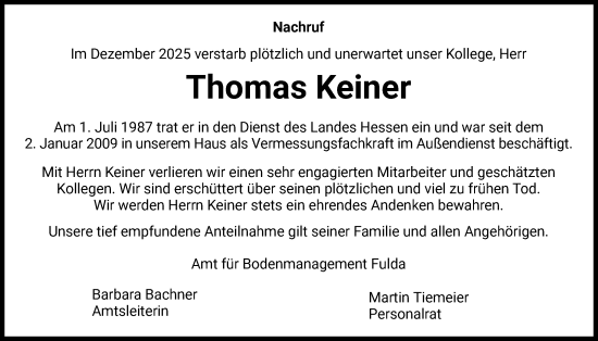 Traueranzeige von Thomas Keiner von HZHN