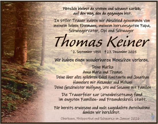 Traueranzeige von Thomas Keiner von HZHN