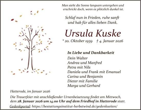 Traueranzeige von Ursula Kuske von HZ