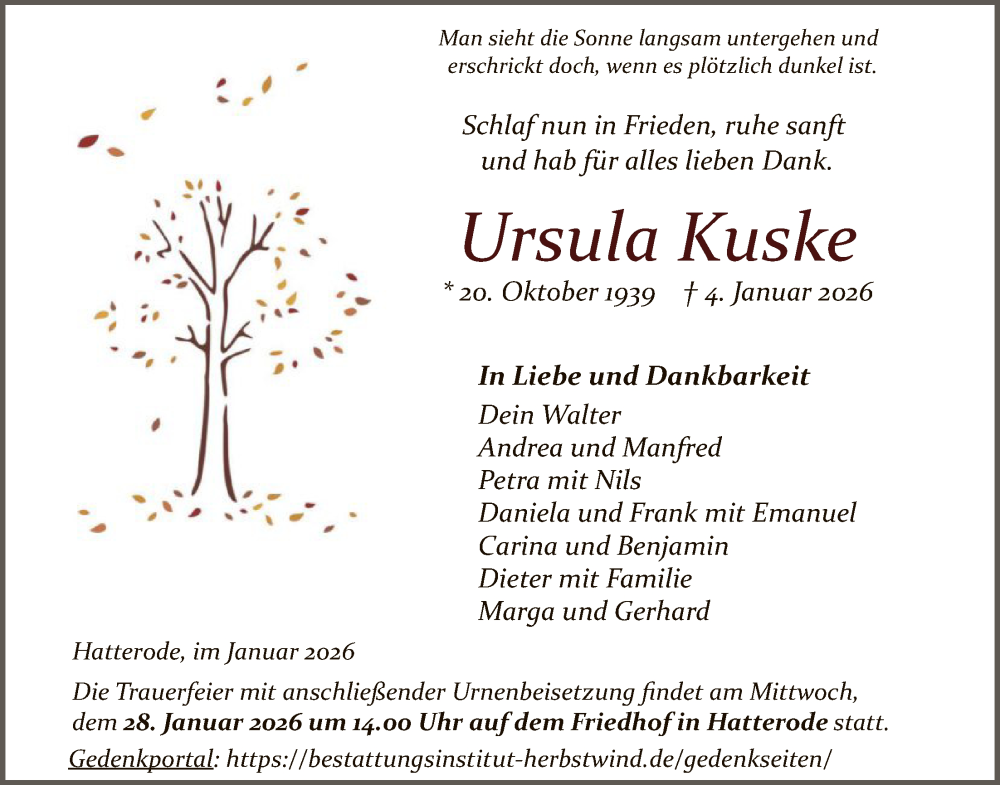  Traueranzeige für Ursula Kuske vom 10.01.2026 aus HZ