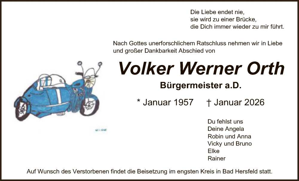  Traueranzeige für Volker Werner Orth vom 17.01.2026 aus HZ