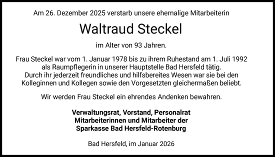 Traueranzeige von Waltraud Steckel von HZ