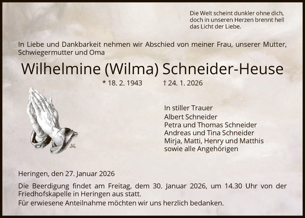  Traueranzeige für Wilhelmine Schneider-Heuse vom 27.01.2026 aus HZ