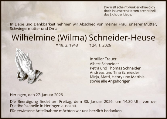 Traueranzeige von Wilhelmine Schneider-Heuse von HZ