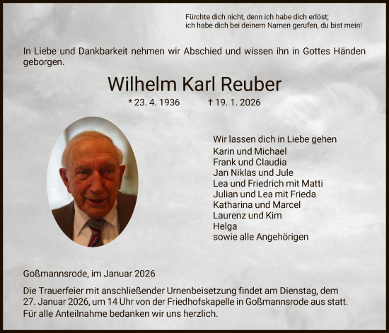 Traueranzeige von Wilhelm Karl Reuber von HZ