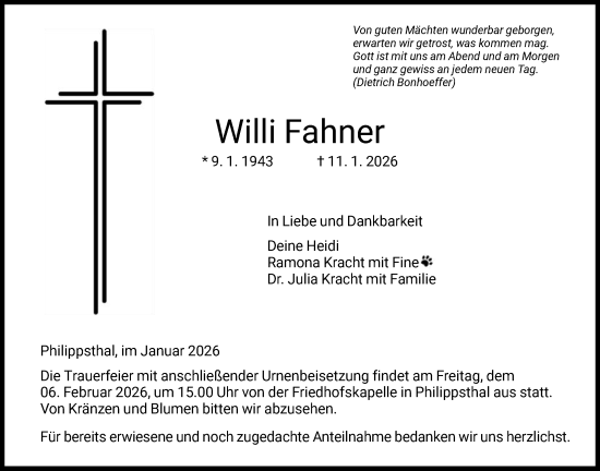 Traueranzeige von Willi Fahner von HZHN