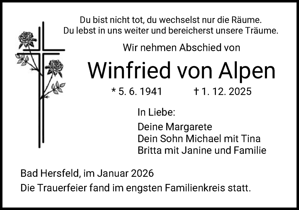  Traueranzeige für Winfried von Alpen vom 17.01.2026 aus HZHN