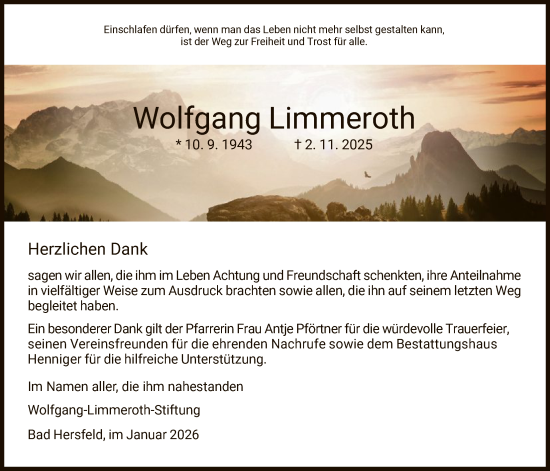 Traueranzeige von Wolfgang Limmeroth von HZHNAHNAHNAHN