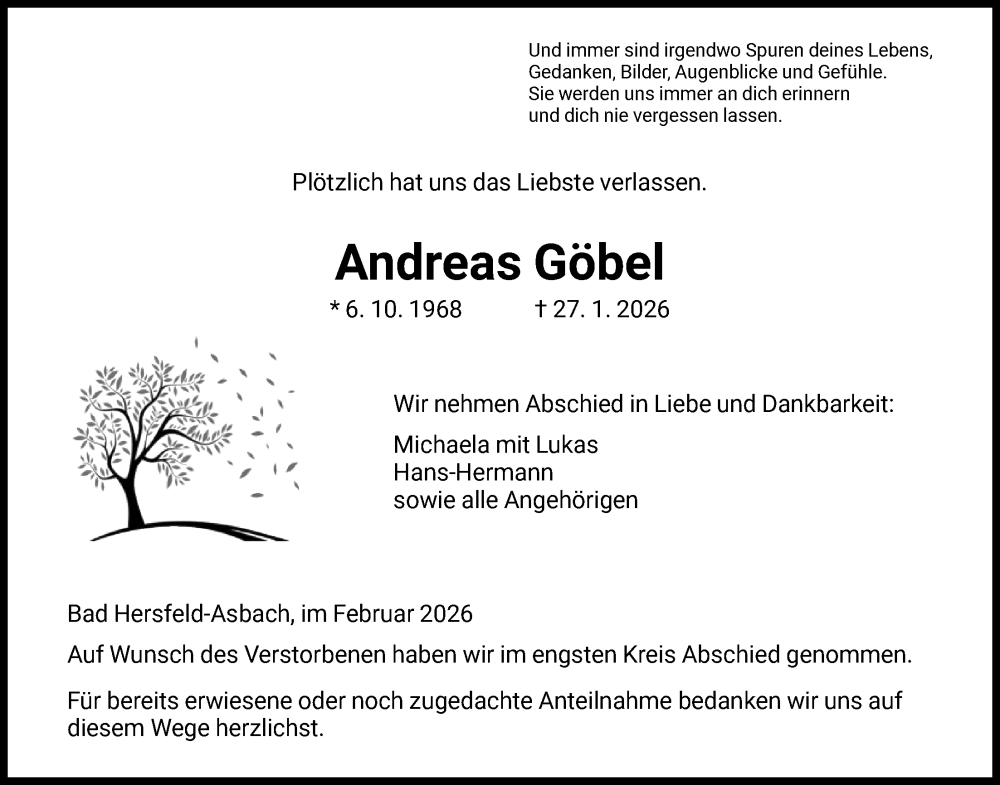  Traueranzeige für Andreas Göbel vom 14.02.2026 aus HZ