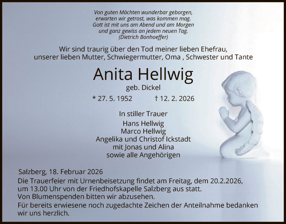  Traueranzeige für Anita Hellwig vom 18.02.2026 aus HZ
