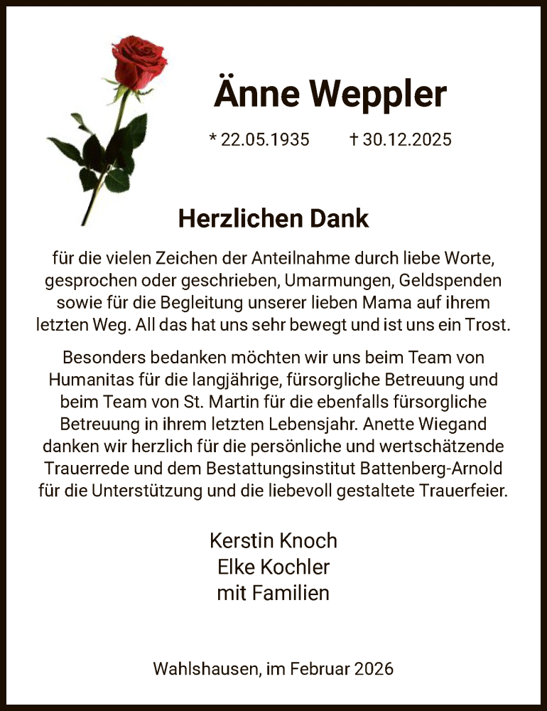  Traueranzeige für Anne Weppler vom 14.02.2026 aus HNAHZ