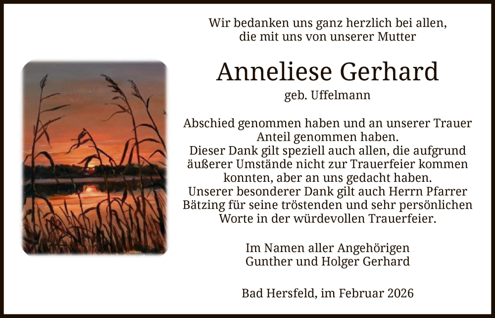  Traueranzeige für Anneliese Gerhard vom 07.02.2026 aus HZ