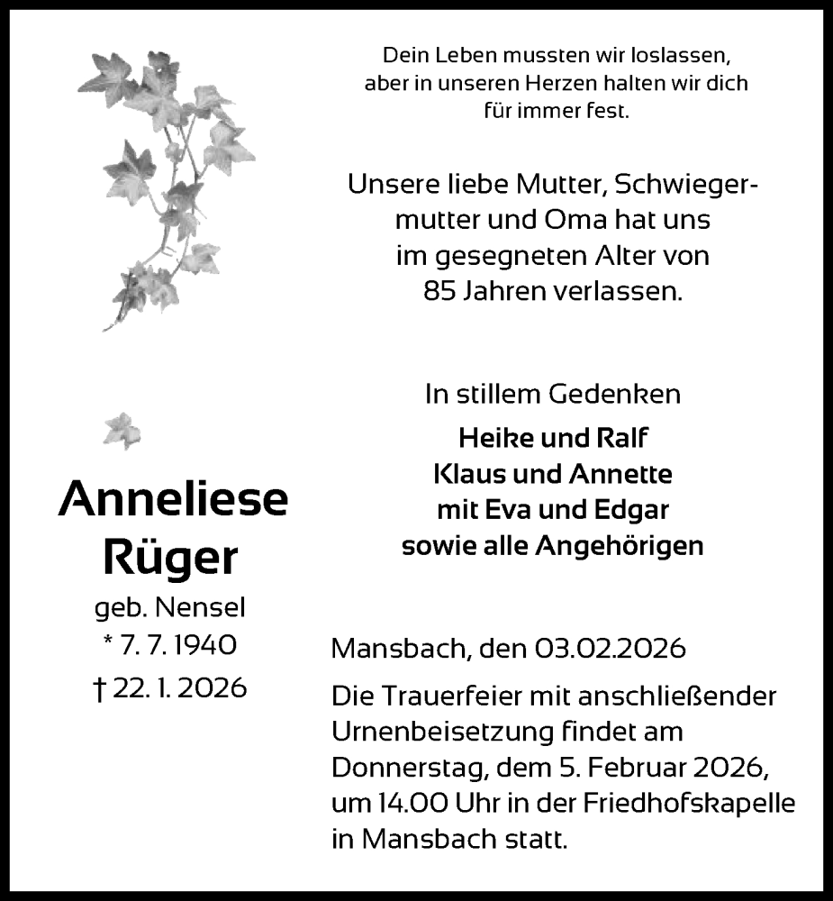  Traueranzeige für Anneliese Rüger vom 03.02.2026 aus HZ