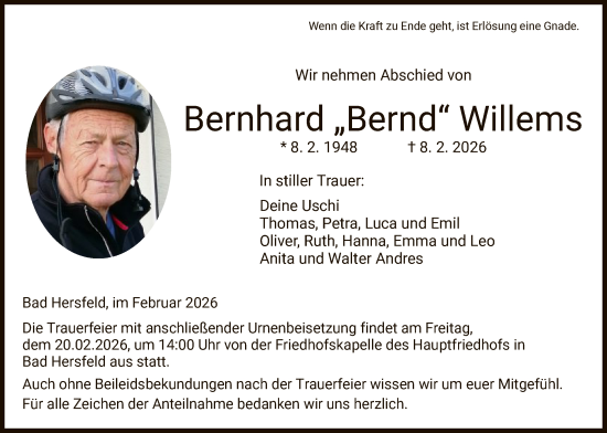 Traueranzeige von Bernhard Willems von HZ
