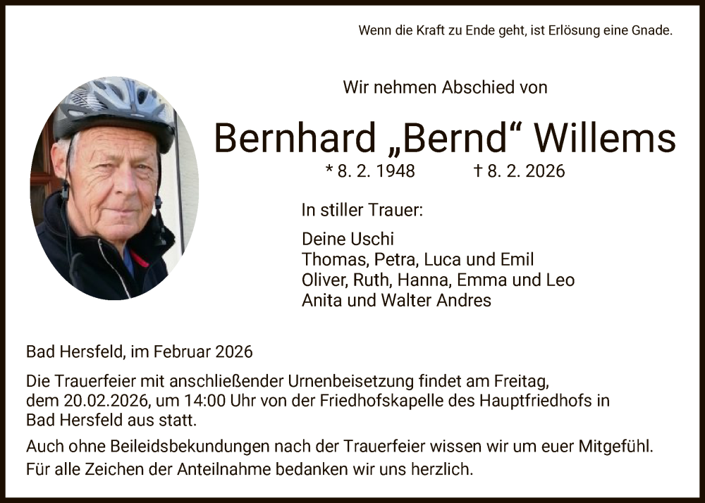  Traueranzeige für Bernhard Willems vom 14.02.2026 aus HZ