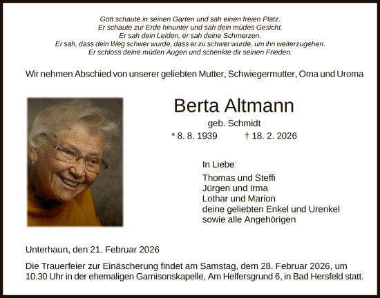Traueranzeige von Berta Altmann von HZ