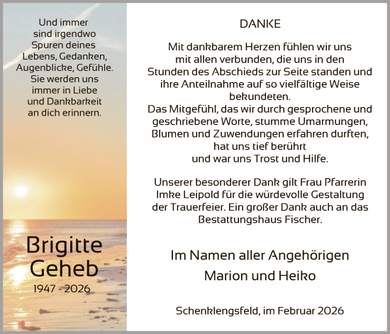 Traueranzeige von Brigitte Geheb von HZHN