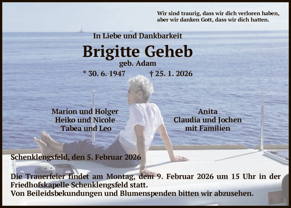  Traueranzeige für Brigitte Geheb vom 05.02.2026 aus HZ