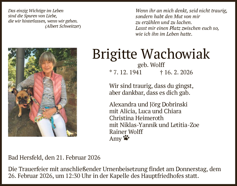  Traueranzeige für Brigitte Wachowiak vom 21.02.2026 aus HZHN