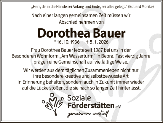 Traueranzeige von Dorothea Bauer von HZ