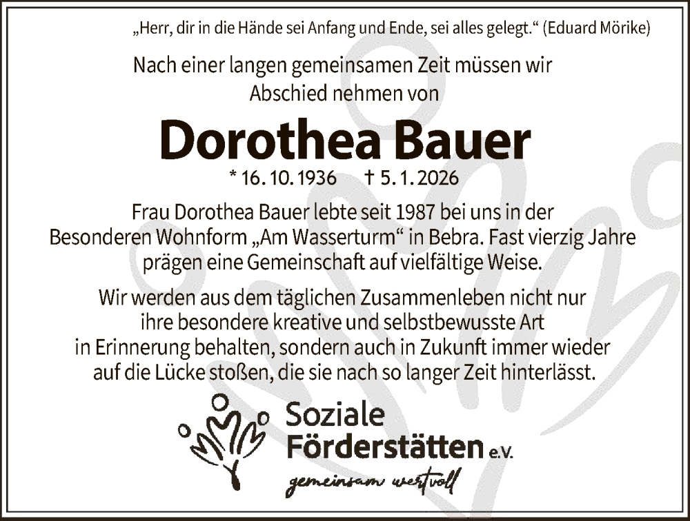  Traueranzeige für Dorothea Bauer vom 14.02.2026 aus HZ