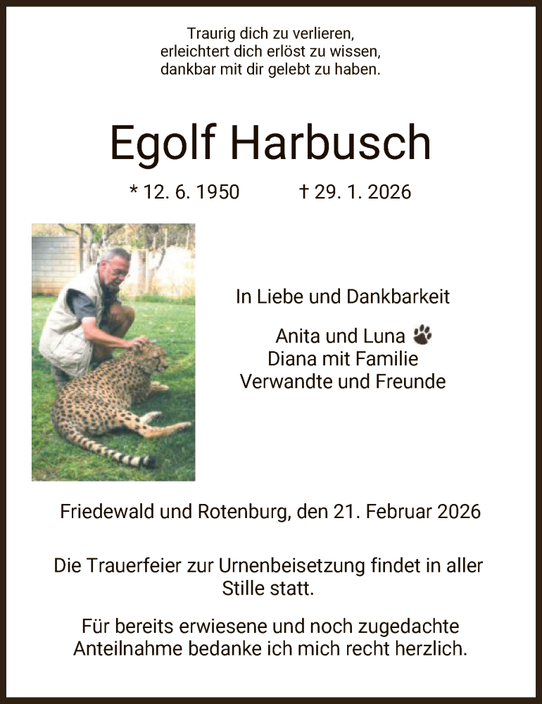  Traueranzeige für Egolf Harbusch vom 21.02.2026 aus HZ