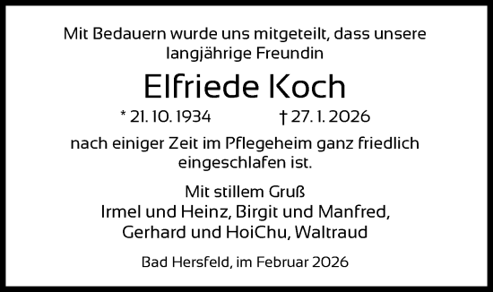 Traueranzeige von Elfriede Koch von HZ