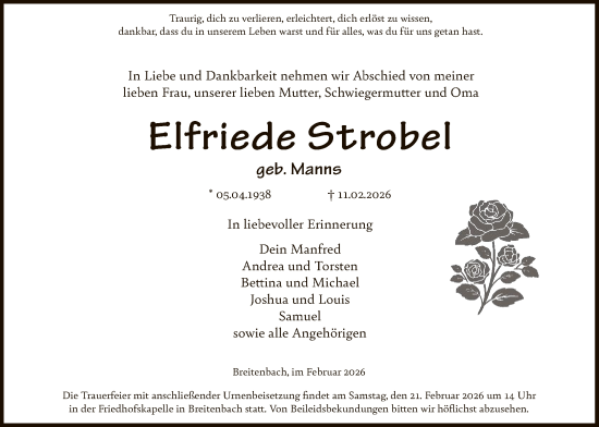 Traueranzeige von Elfriede Strobel von HZHNA