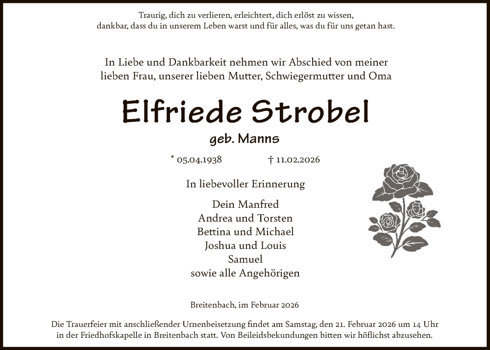  Traueranzeige für Elfriede Strobel vom 14.02.2026 aus HZHNA