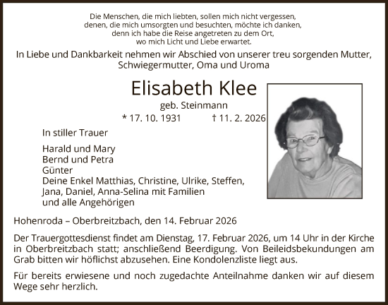 Traueranzeige von Elisabeth Klee von HZ