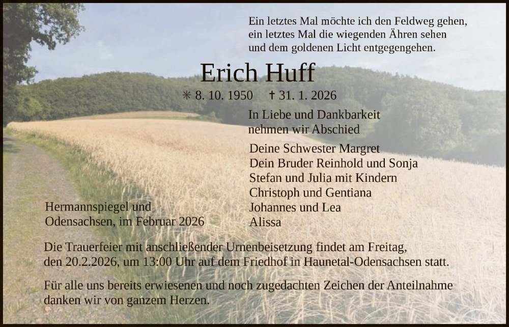  Traueranzeige für Erich Huff vom 18.02.2026 aus HZ