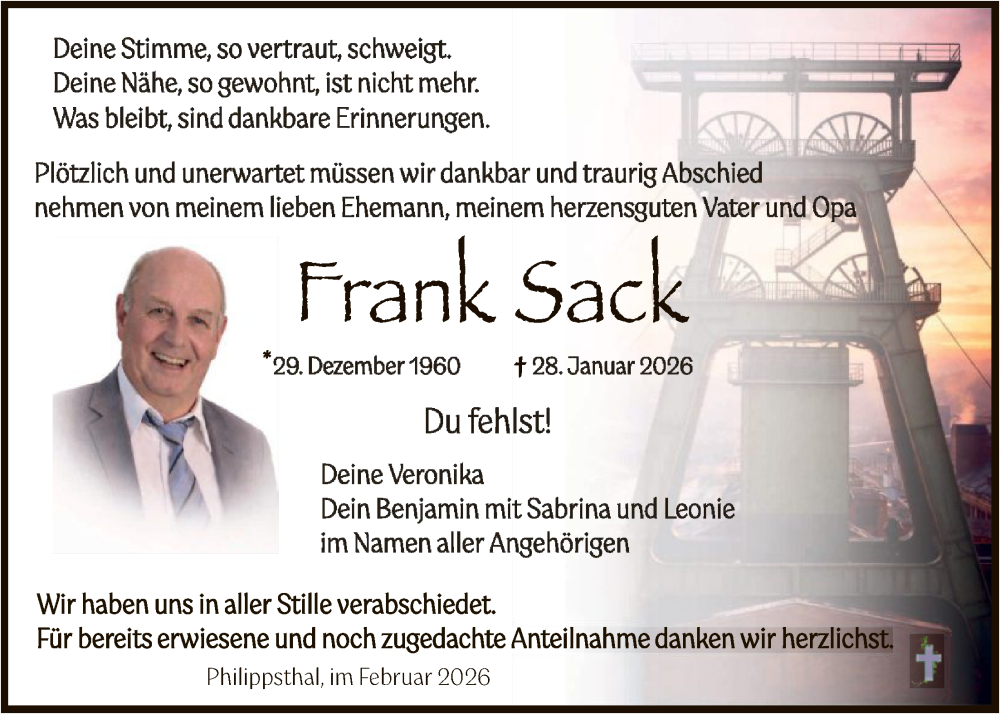  Traueranzeige für Frank Sack vom 28.02.2026 aus HZHN