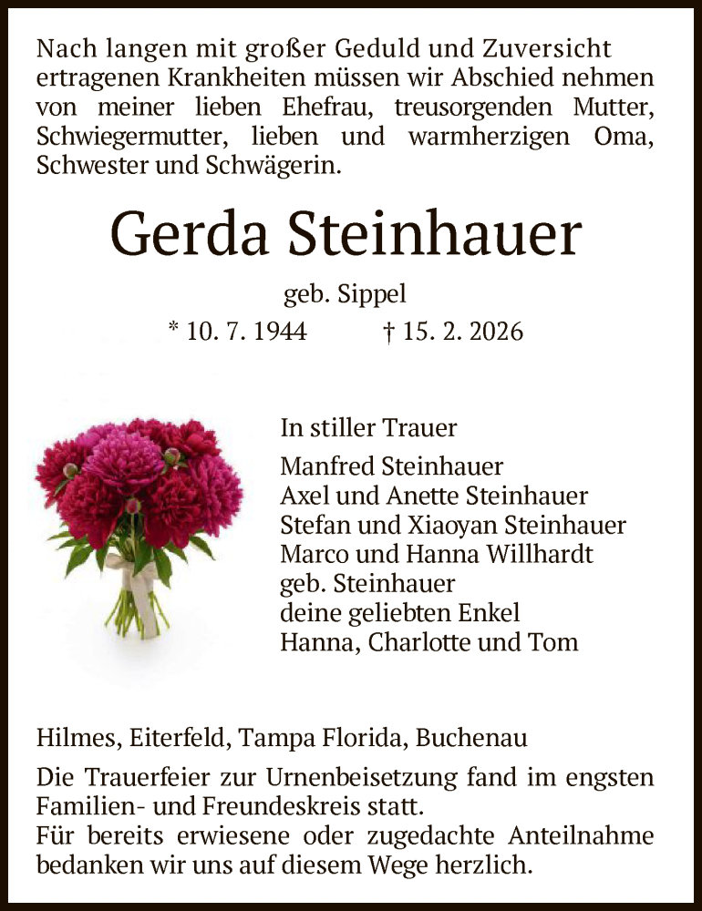  Traueranzeige für Gerda Steinhauer vom 28.02.2026 aus HZ