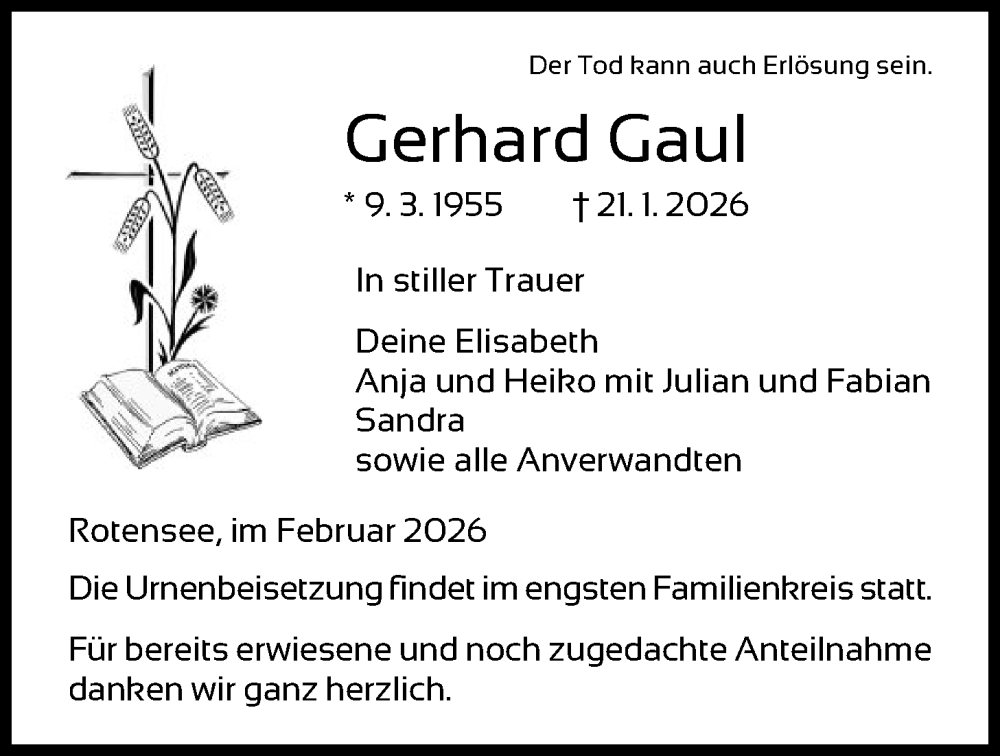  Traueranzeige für Gerhard Gaul vom 07.02.2026 aus HZHN