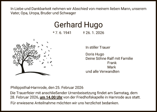 Traueranzeige von Gerhard Hugo von HZ