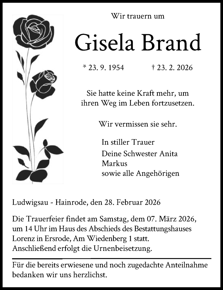  Traueranzeige für Gisela Brand vom 28.02.2026 aus HZ