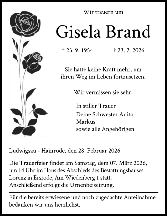 Traueranzeige von Gisela Brand von HZ