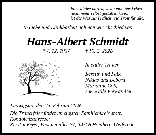 Traueranzeige von Hans-Albert Schmidt von HZ