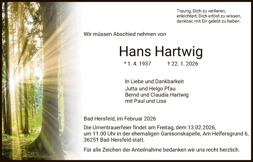  Traueranzeige für Hans Hartwig vom 07.02.2026 aus HZ